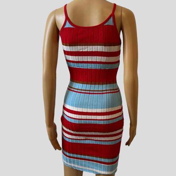 Women Ribbed Woven Bodycon Dress Small S Blue Red White Stretch Wide Stripes - Picture 3 of 15